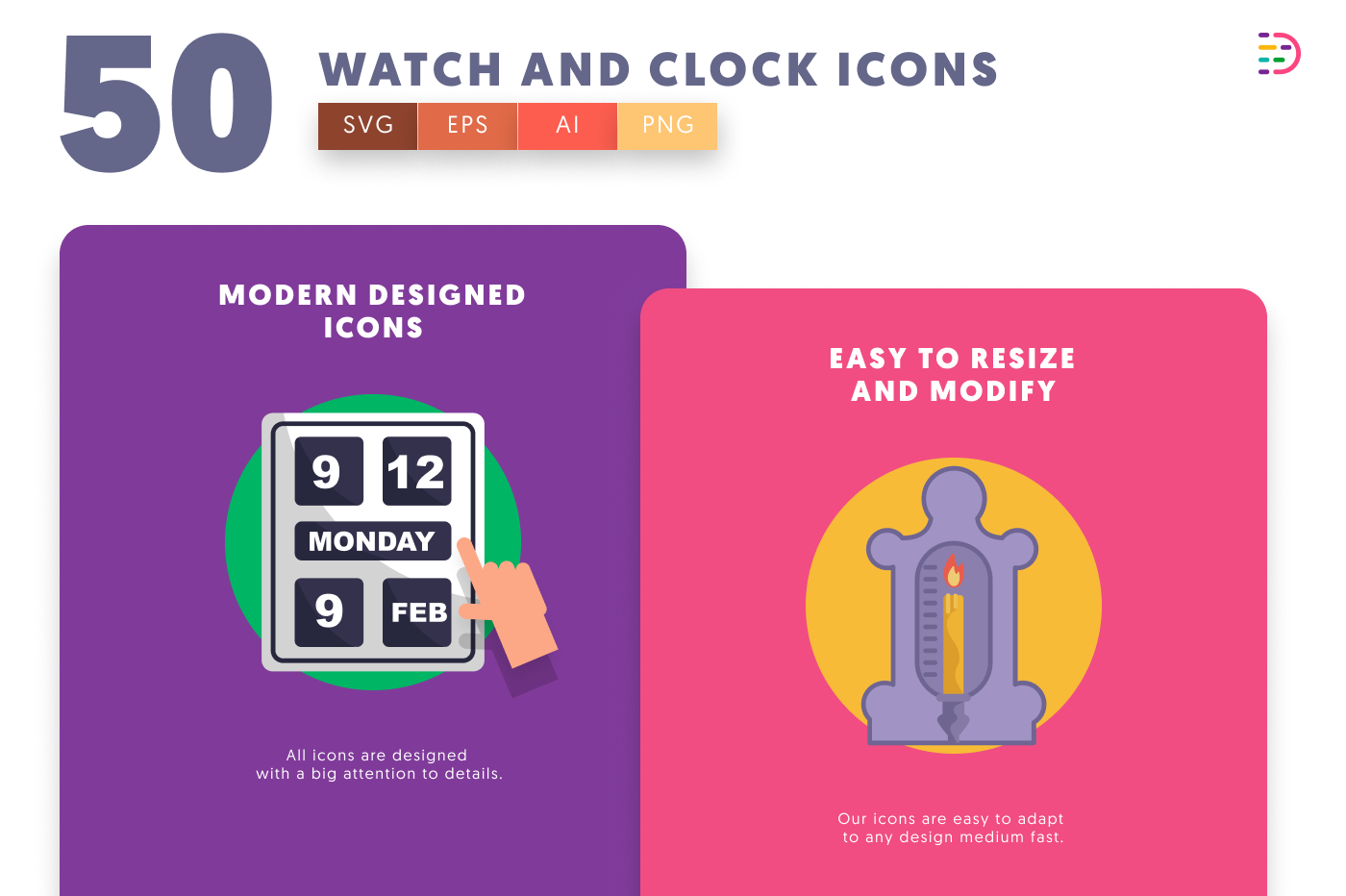 50 Watch and Clock Icons cover – flat circle icons in PNG, SVG and EPS