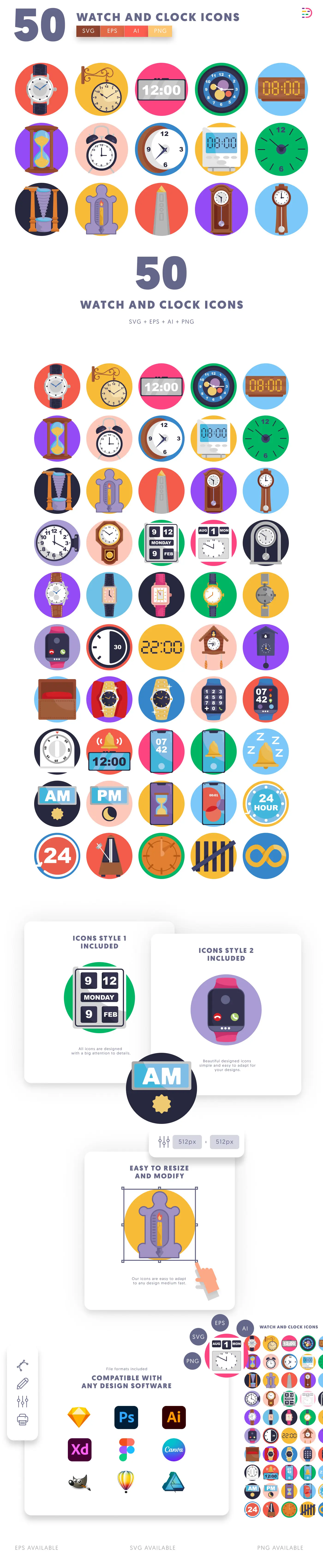 50 Watch and Clock Icons cover – flat circle icons in PNG, SVG and EPS