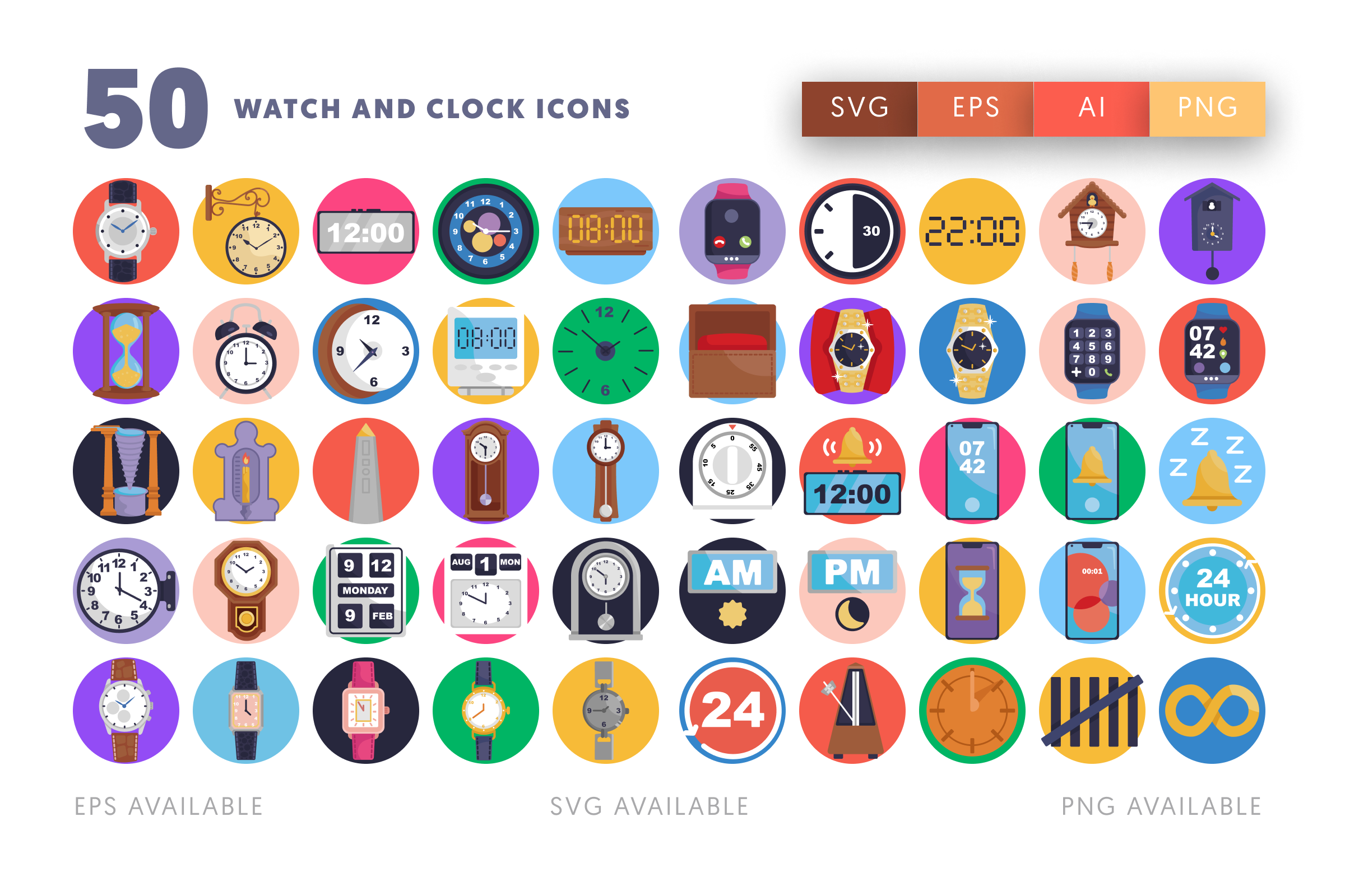 50 Watch and Clock Icons – flat circle icon set