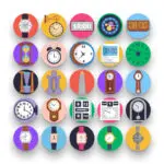 50 Watch and Clock Icons – set of colorful flat circle icons