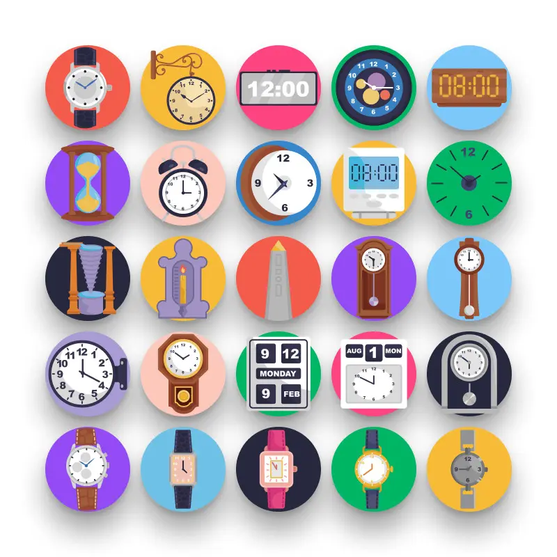 50 Watch and Clock Icons – set of colorful flat circle icons