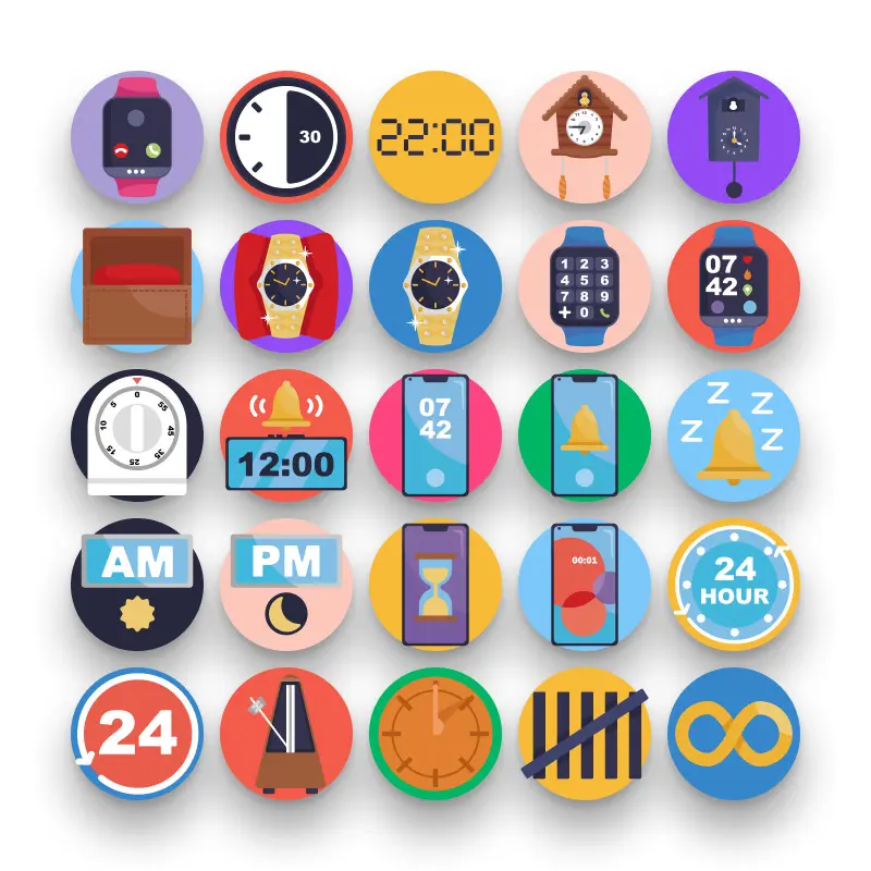 50 Watch and Clock Icons – set of colorful flat circle icons