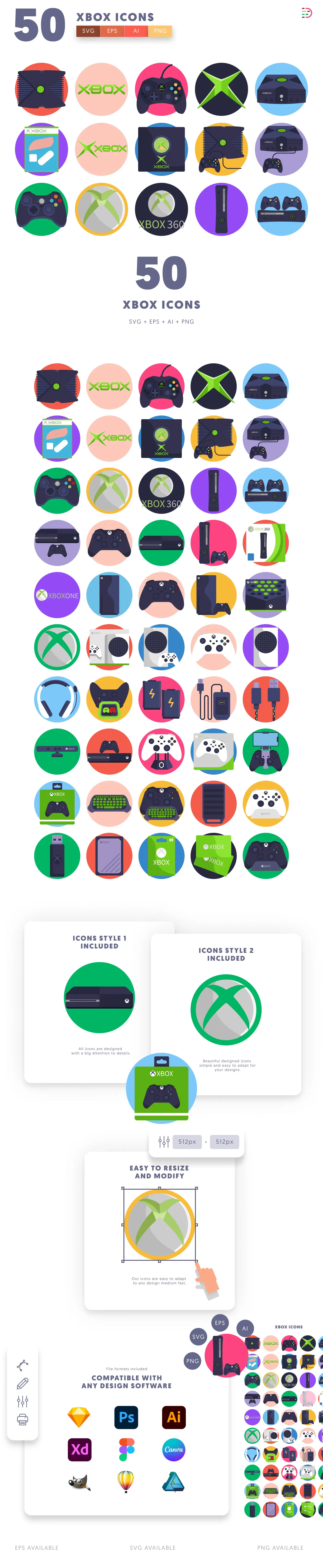 50 Xbox Icons cover – flat circle icons in PNG, SVG and EPS