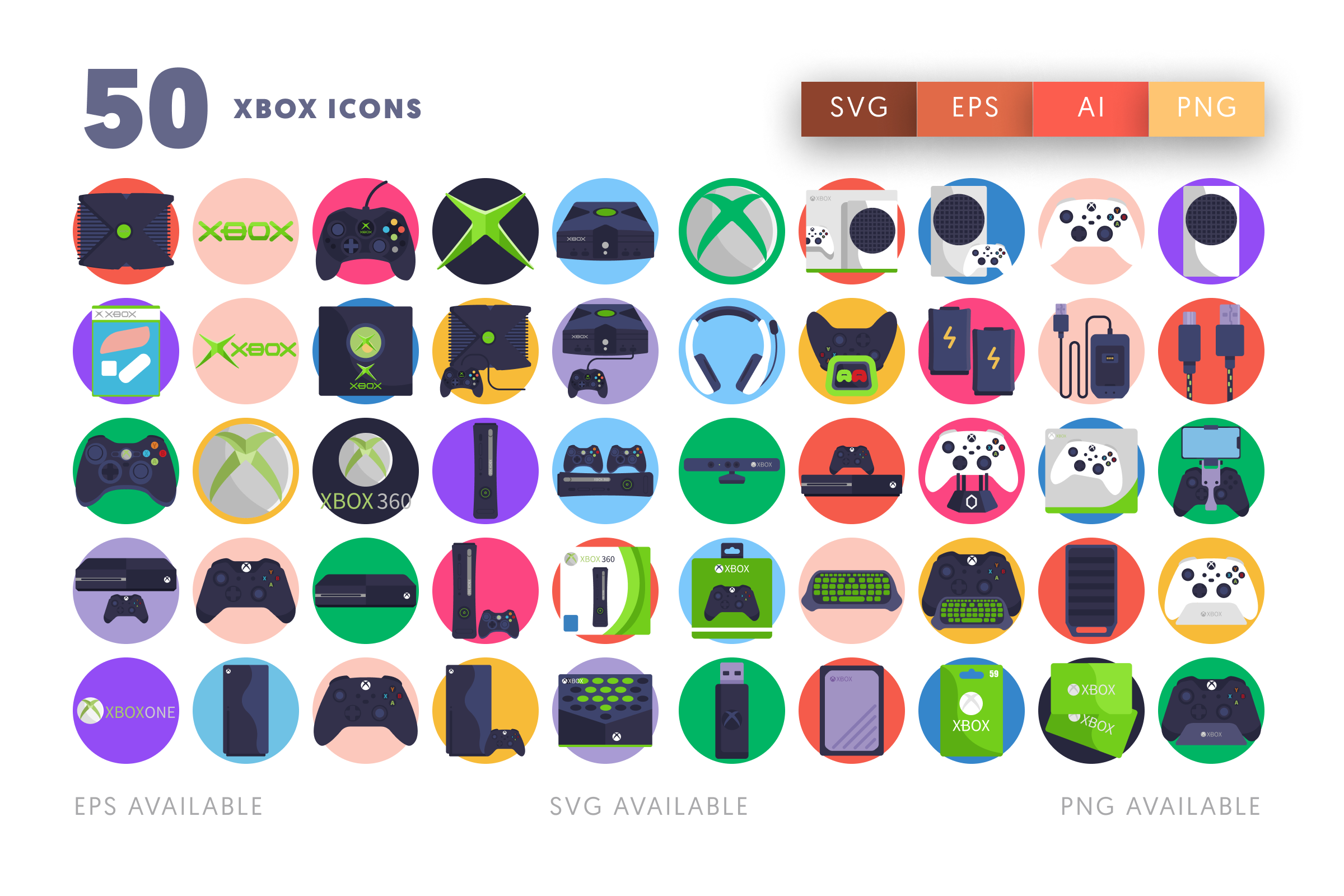 50 Xbox Icons – flat circle icon set