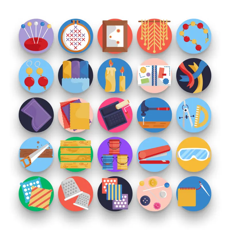 50 DIY & Crafts Icons – set of colorful flat circle icons