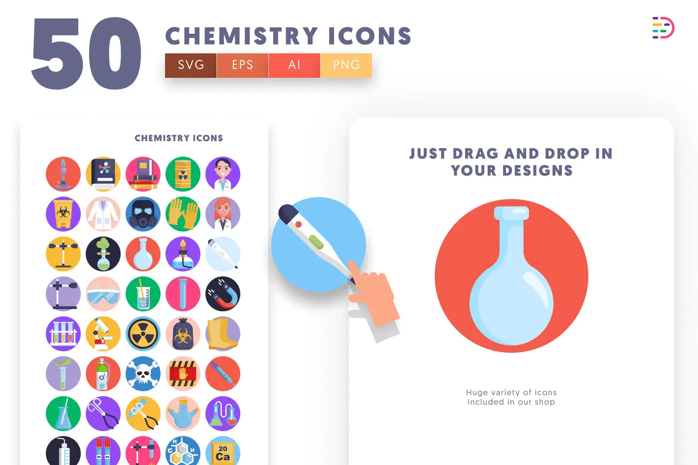 50 Chemistry Icons preview 1 – flat circle icons in PNG, SVG and EPS