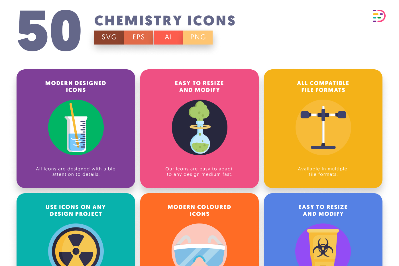 50 Chemistry Icons preview 5 – flat circle icons in PNG, SVG and EPS