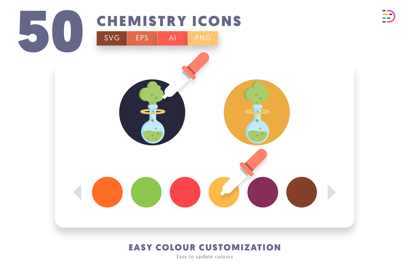 50 Chemistry Icons preview 7 – flat circle icons in PNG, SVG and EPS