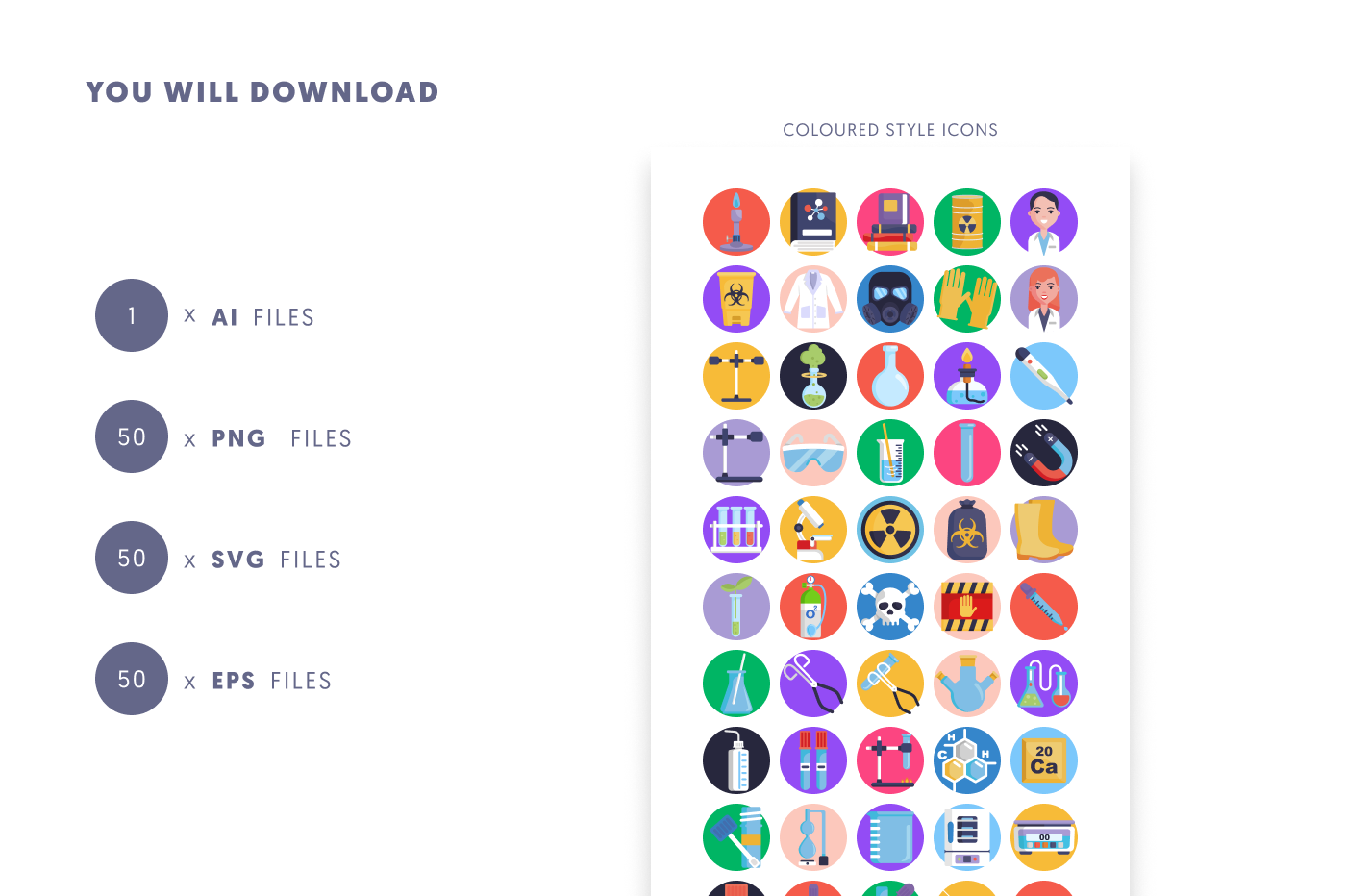 50 Chemistry Icons preview 9 – flat circle icons in PNG, SVG and EPS