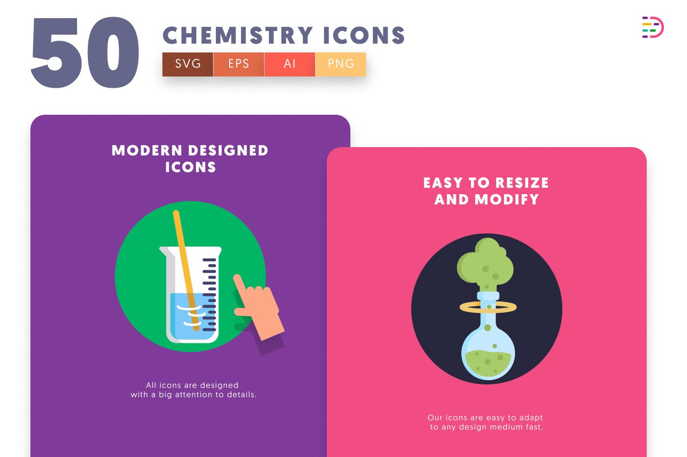 50 Chemistry Icons cover – flat circle icons in PNG, SVG and EPS