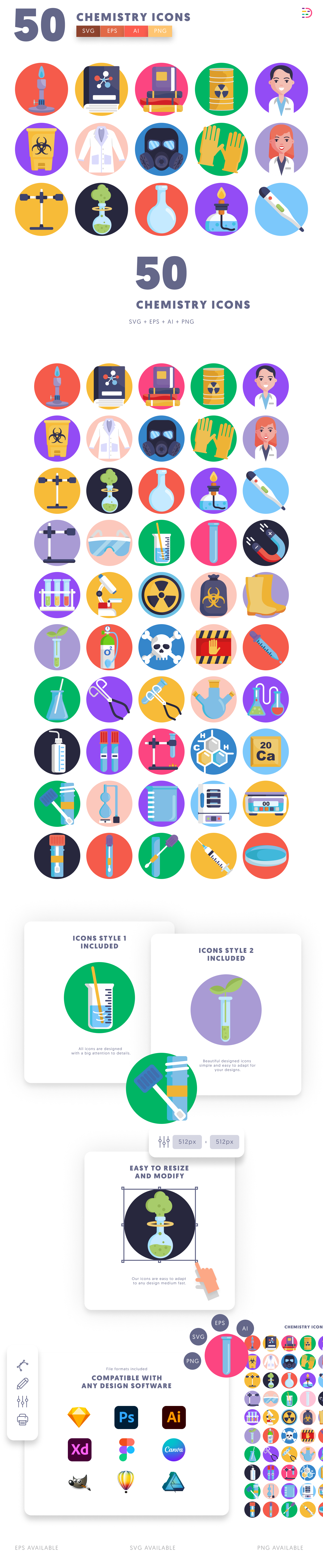 50 Chemistry Icons cover – flat circle icons in PNG, SVG and EPS