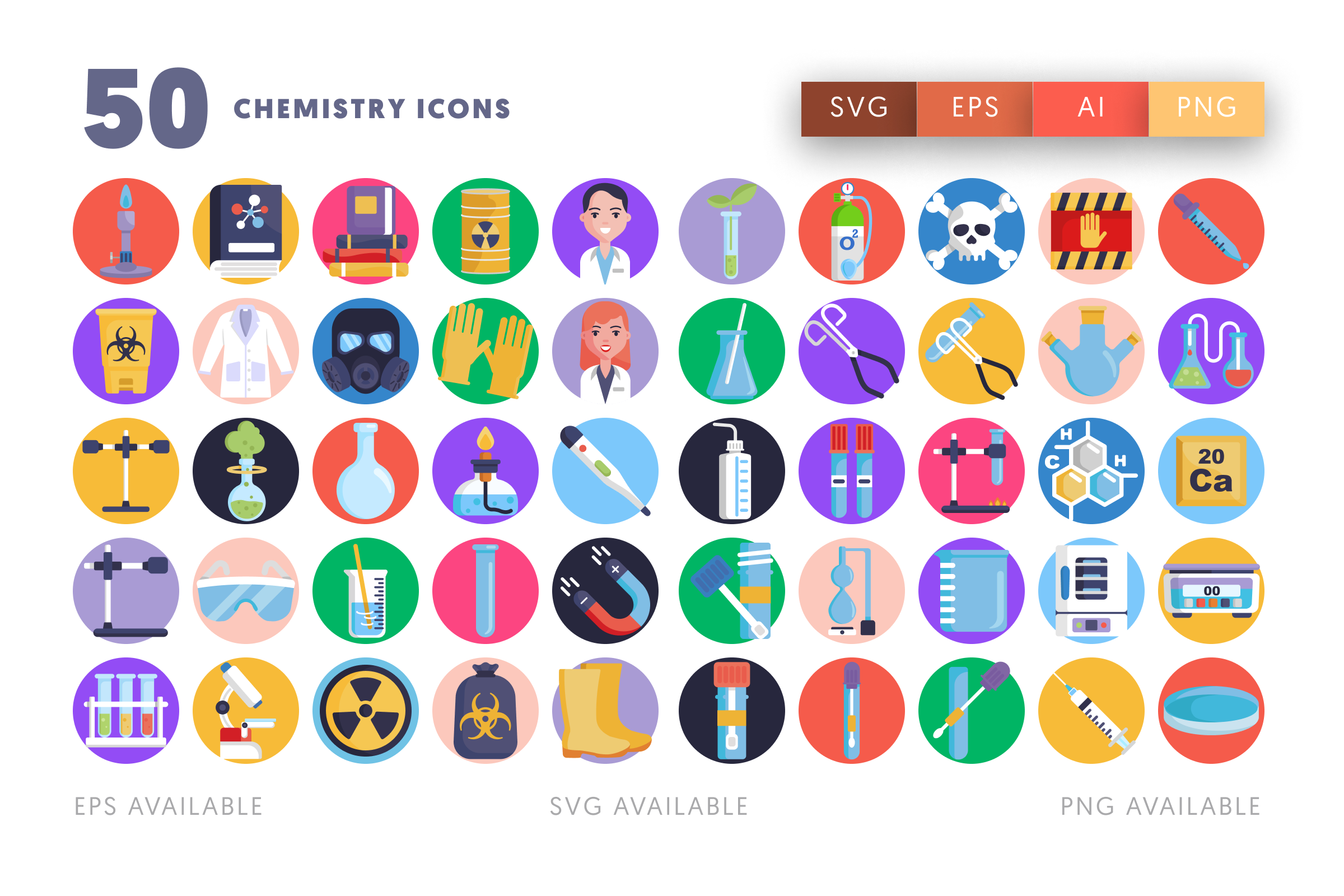 50 Chemistry Icons – flat circle icon set