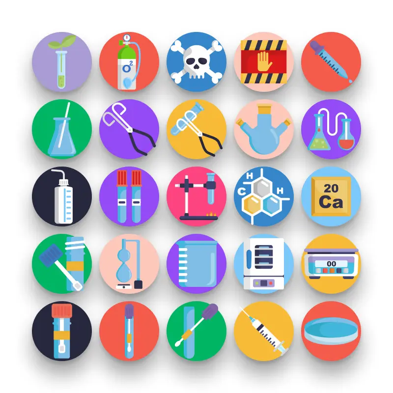 50 Chemistry Icons – set of colorful flat circle icons