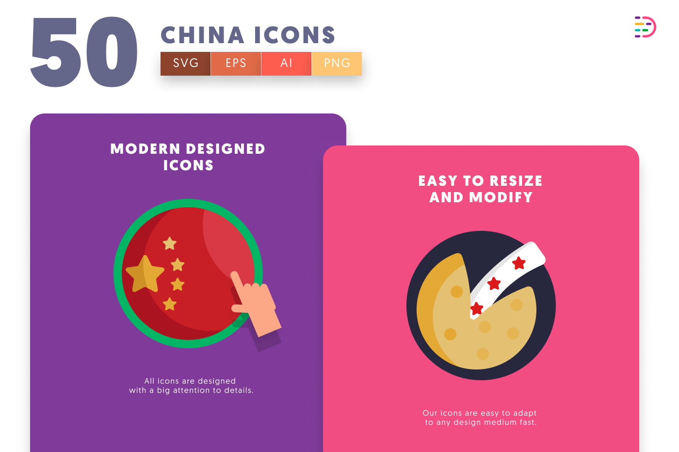 50 China Icons cover – flat circle icons in PNG, SVG and EPS