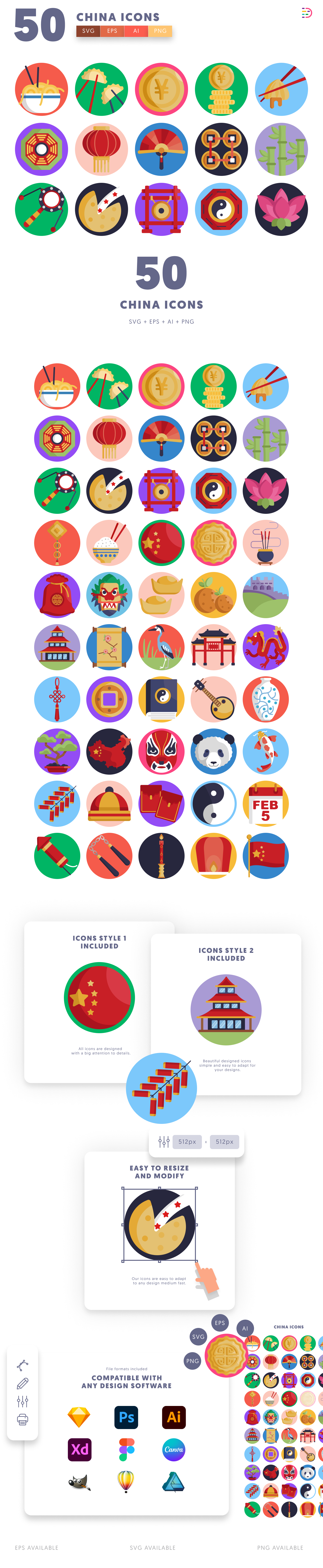 50 China Icons cover – flat circle icons in PNG, SVG and EPS