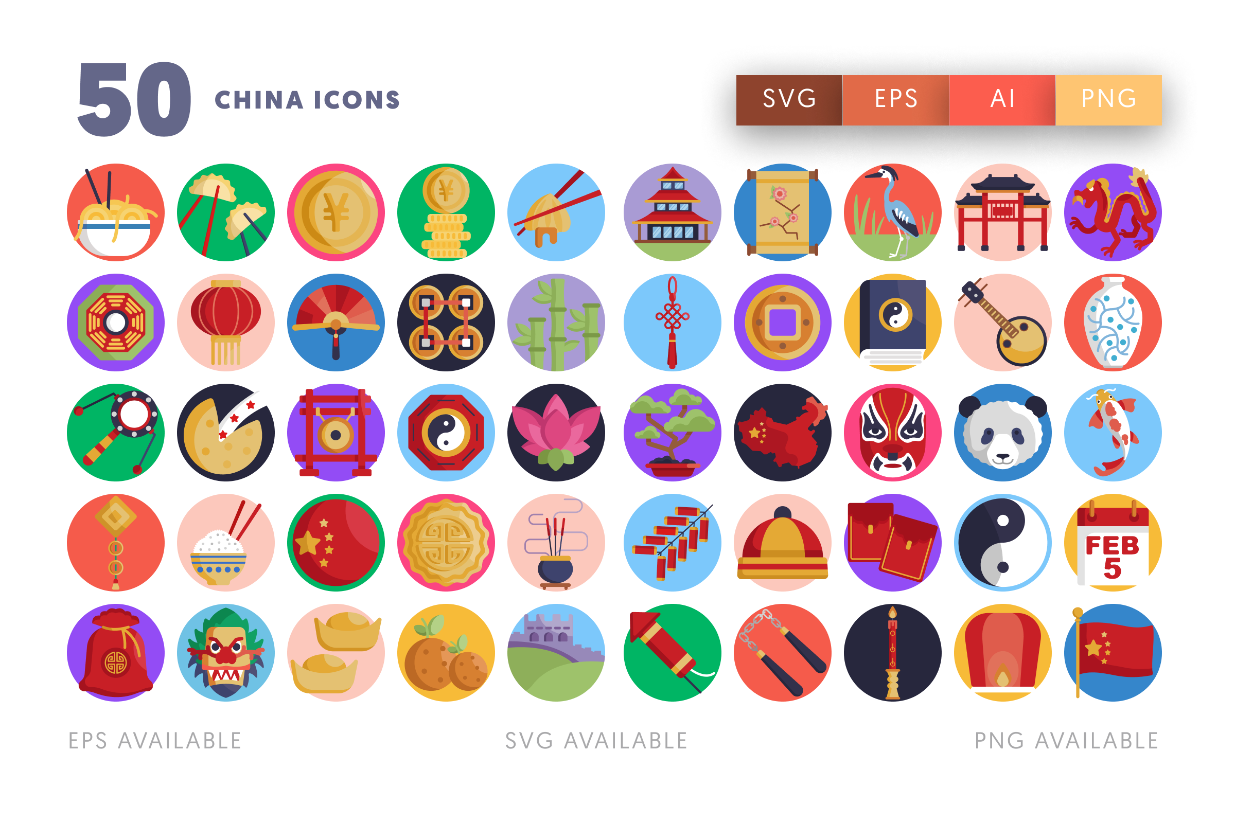 50 China Icons – flat circle icon set