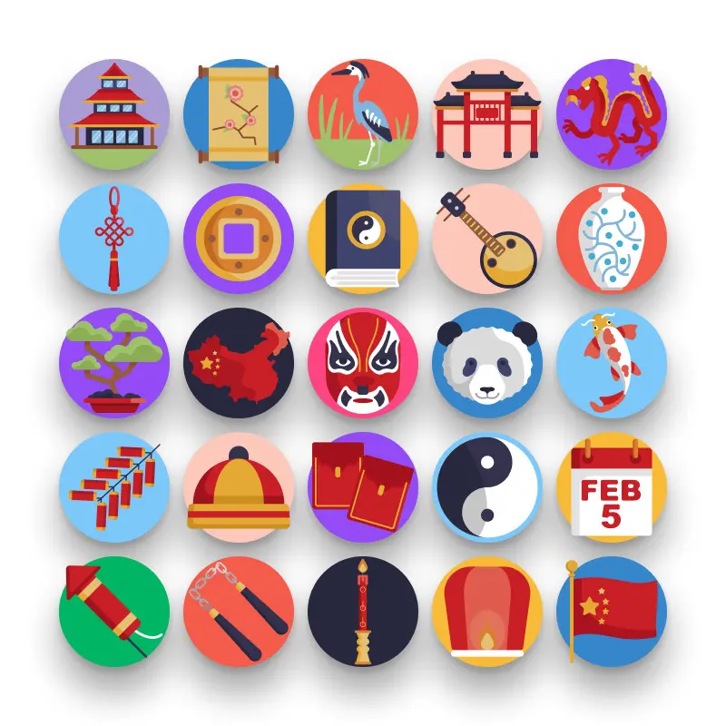 50 China Icons – set of colorful flat circle icons
