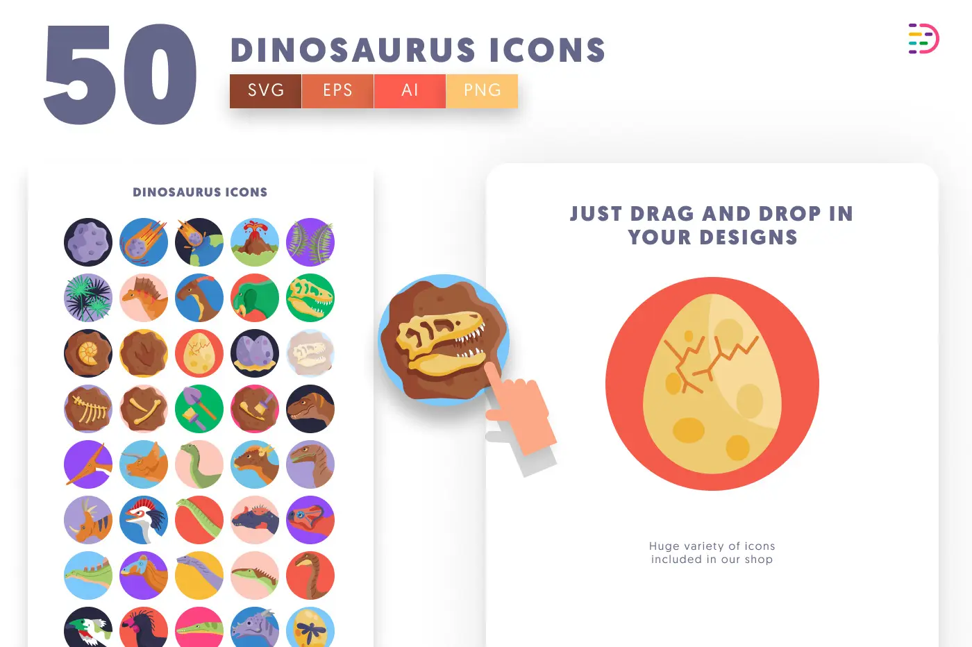 50 Dinosaurus Icons preview 1 – flat circle icons in PNG, SVG and EPS
