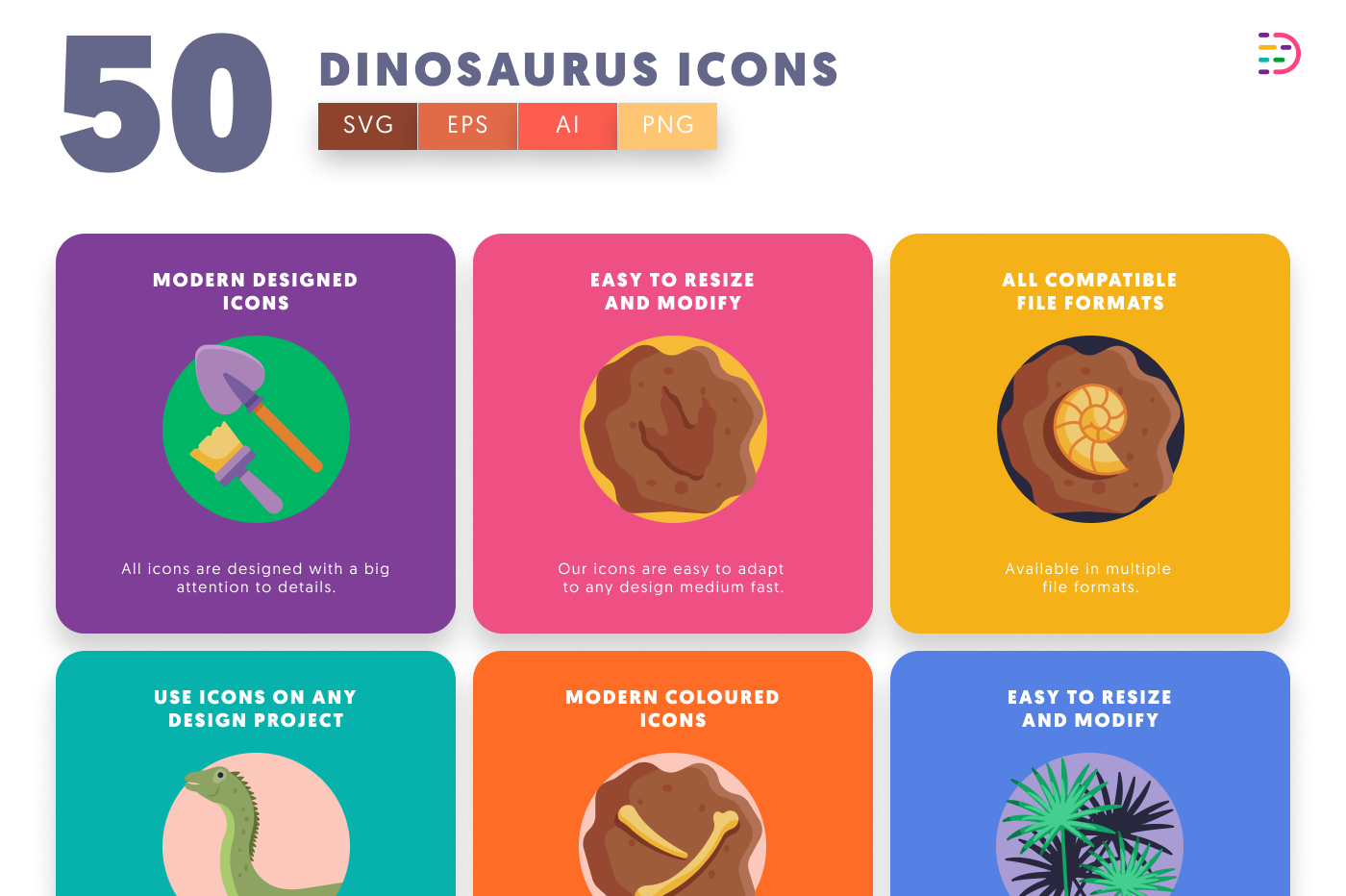 50 Dinosaurus Icons preview 5 – flat circle icons in PNG, SVG and EPS