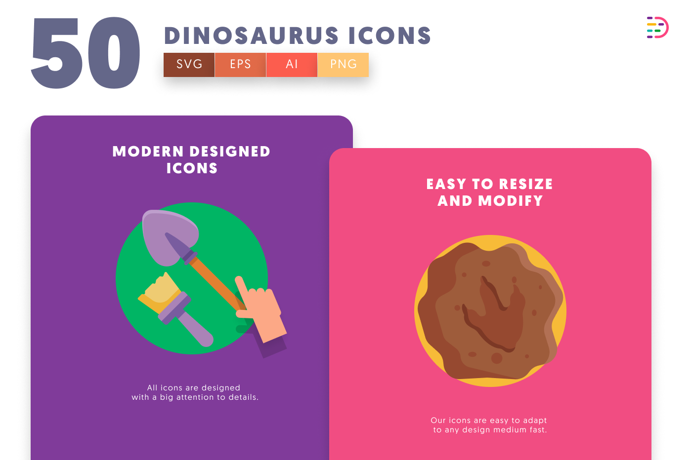 50 Dinosaurus Icons cover – flat circle icons in PNG, SVG and EPS