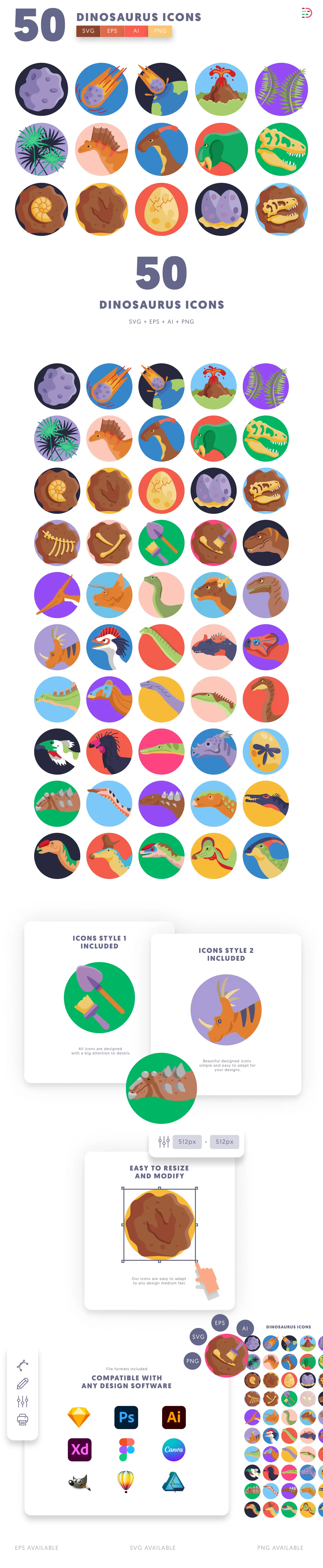 50 Dinosaurus Icons cover – flat circle icons in PNG, SVG and EPS