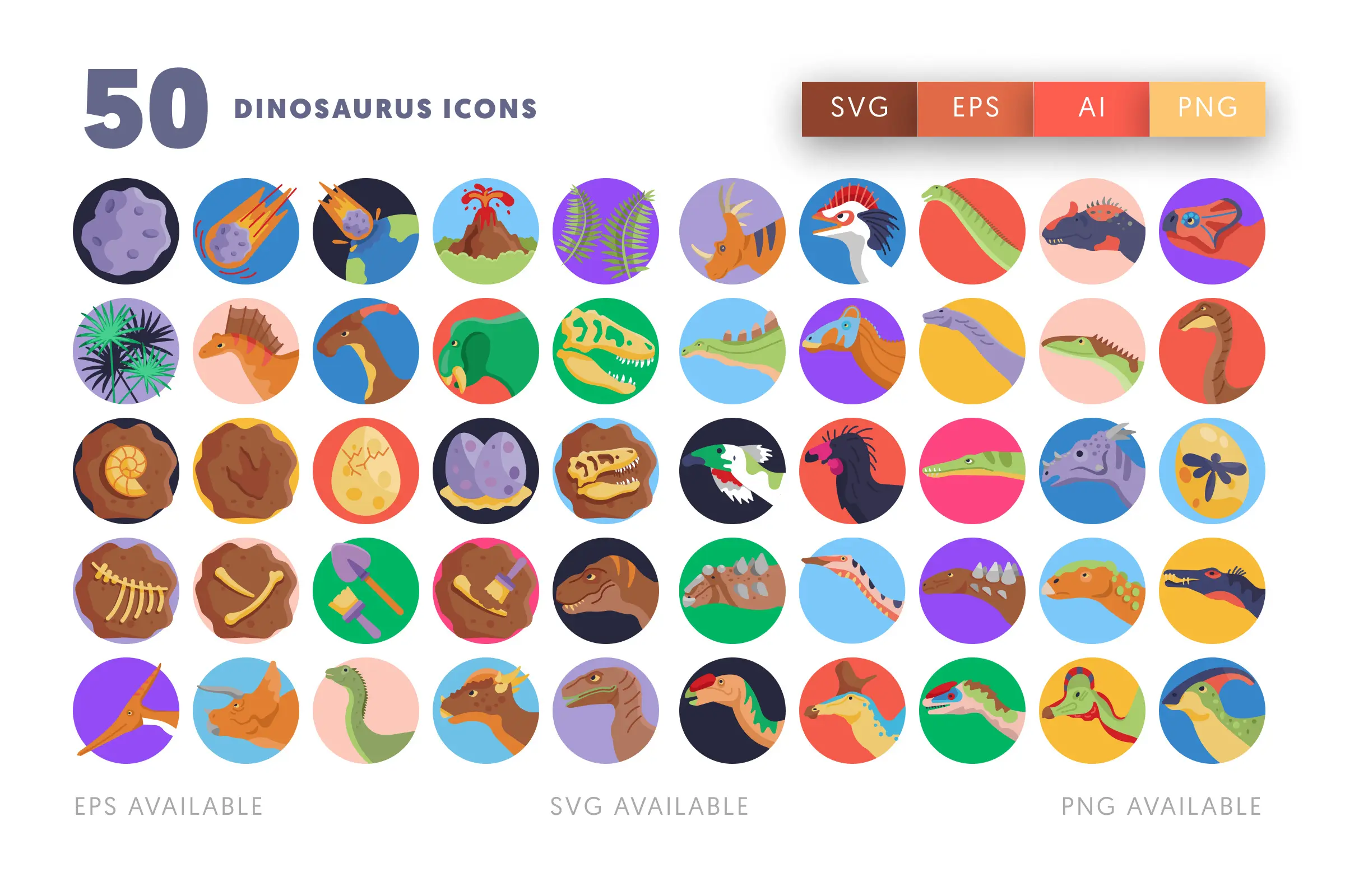 50 Dinosaurus Icons – flat circle icon set