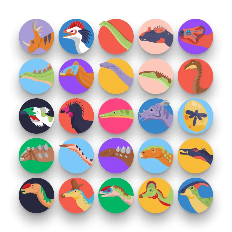 50 Dinosaurus Icons – set of colorful flat circle icons