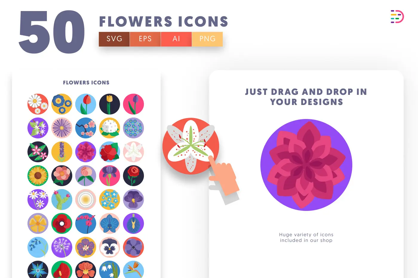 50 Flowers Icons preview 1 – flat circle icons in PNG, SVG and EPS