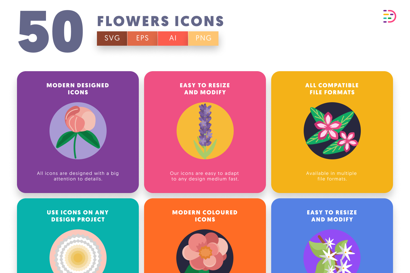 50 Flowers Icons preview 5 – flat circle icons in PNG, SVG and EPS