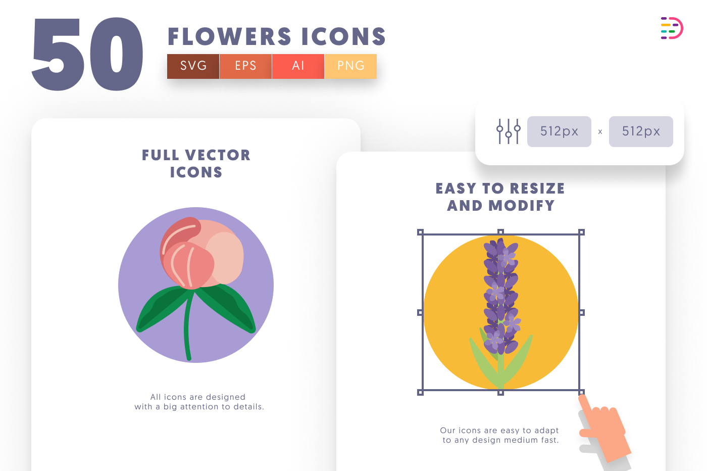50 Flowers Icons preview 6 – flat circle icons in PNG, SVG and EPS