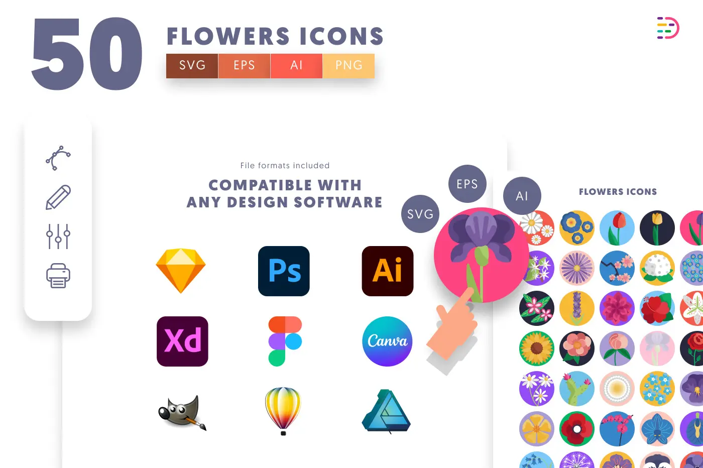 50 Flowers Icons preview 8 – flat circle icons in PNG, SVG and EPS