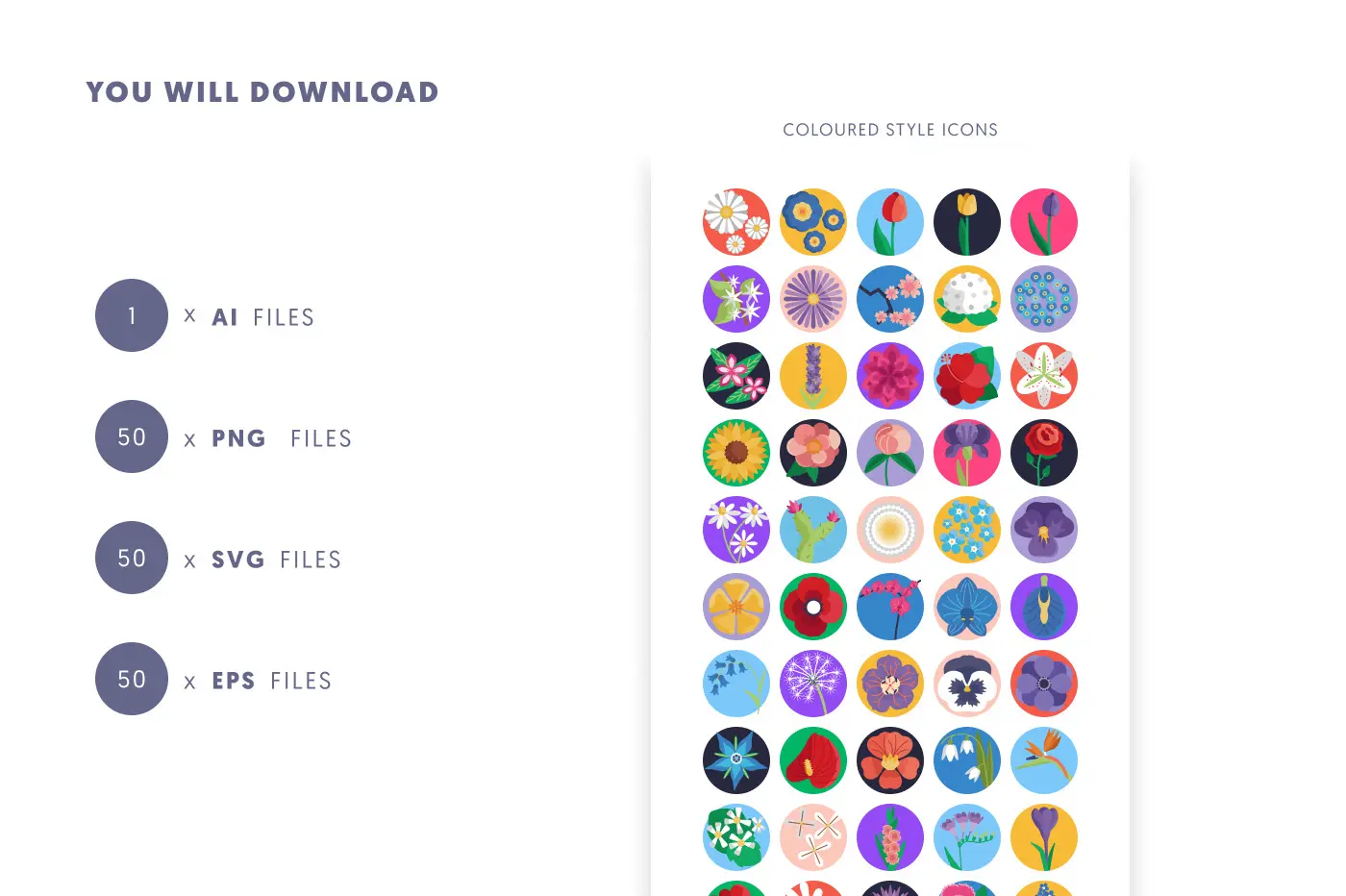 50 Flowers Icons preview 9 – flat circle icons in PNG, SVG and EPS