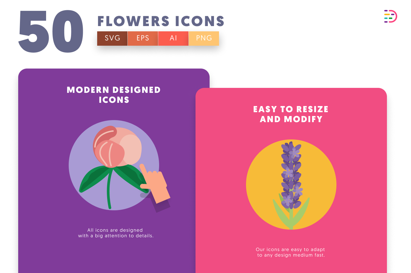 50 Flowers Icons cover – flat circle icons in PNG, SVG and EPS