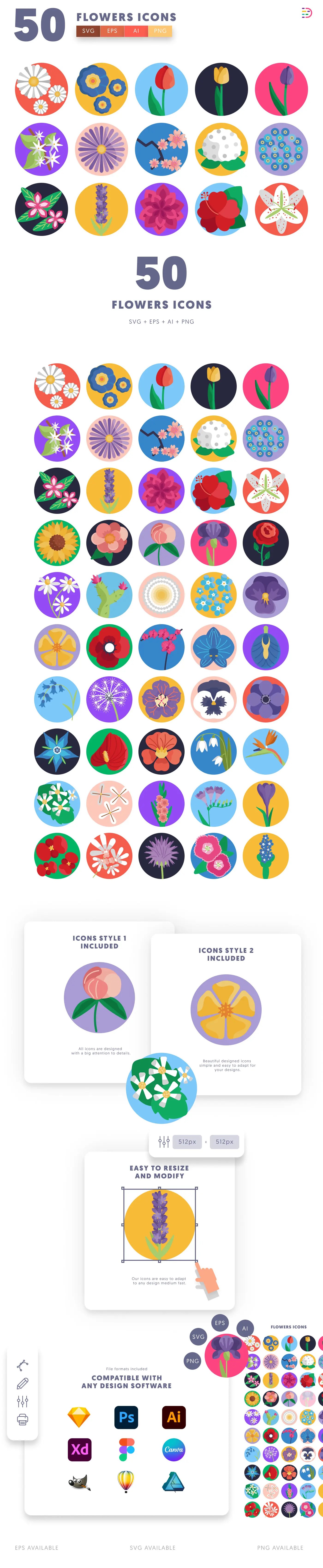 50 Flowers Icons cover – flat circle icons in PNG, SVG and EPS