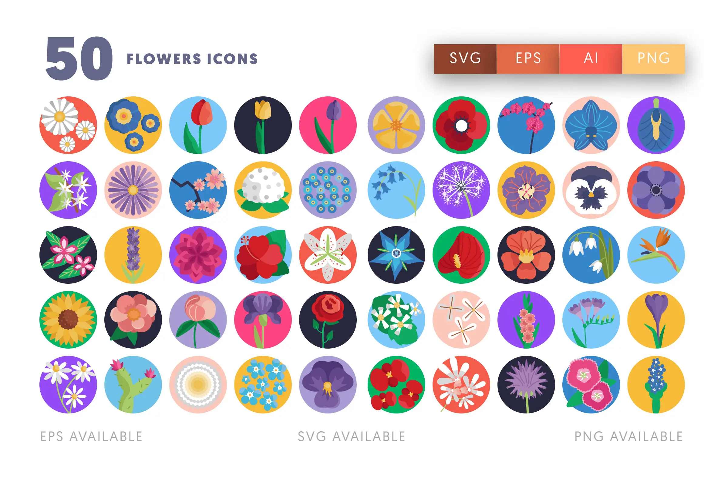 50 Flowers Icons – flat circle icon set