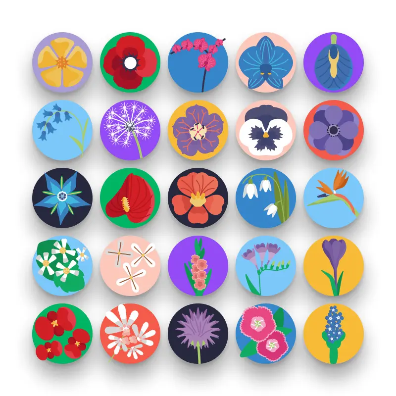 50 Flowers Icons – set of colorful flat circle icons