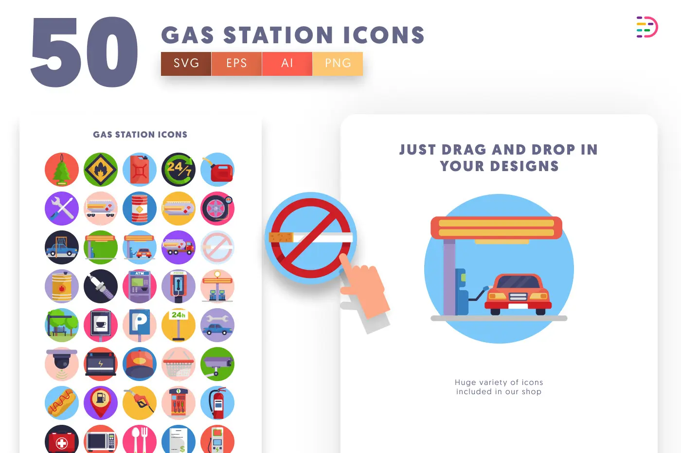 50 Gas Station Icons preview 1 – flat circle icons in PNG, SVG and EPS