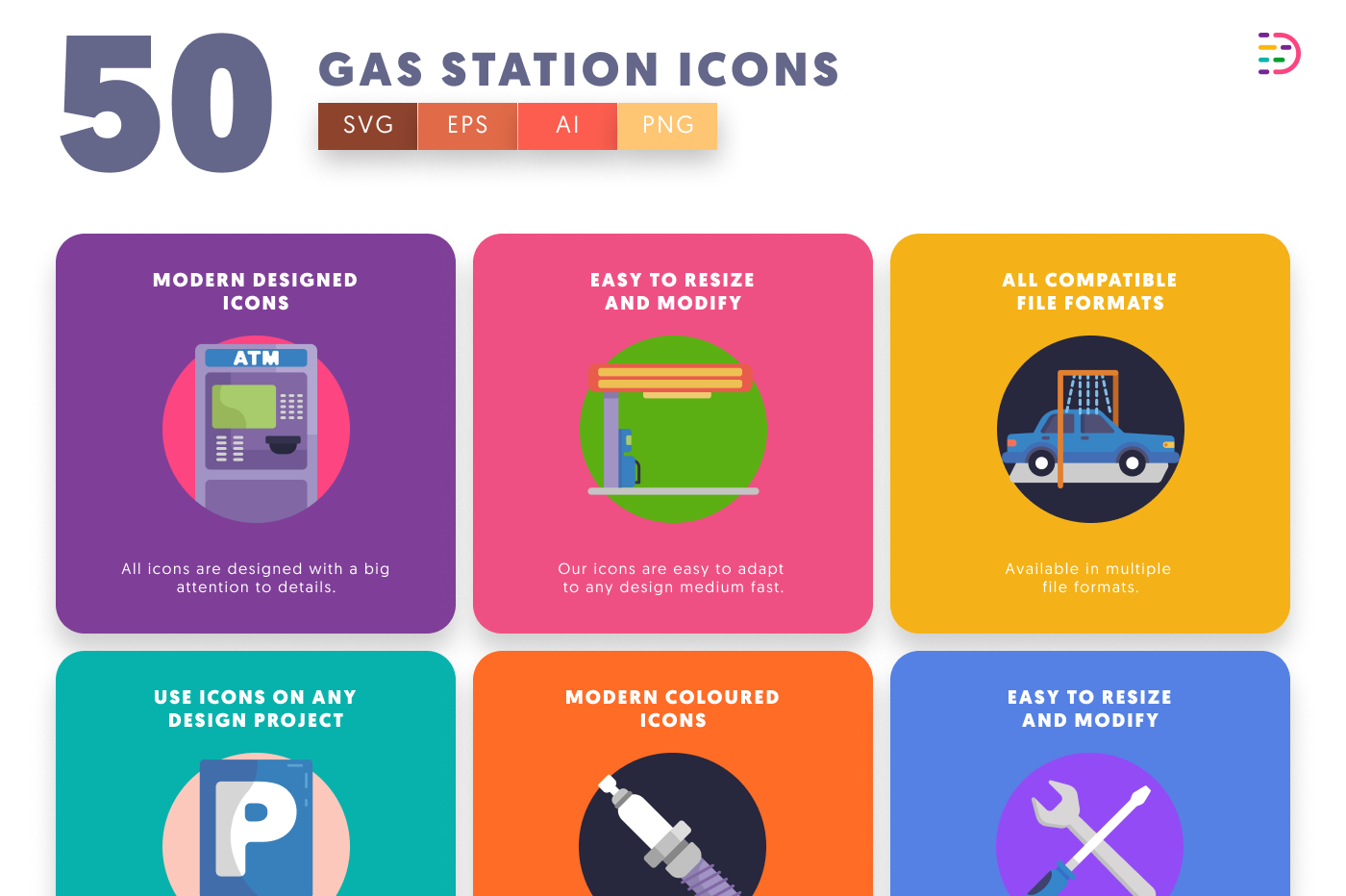 50 Gas Station Icons preview 5 – flat circle icons in PNG, SVG and EPS