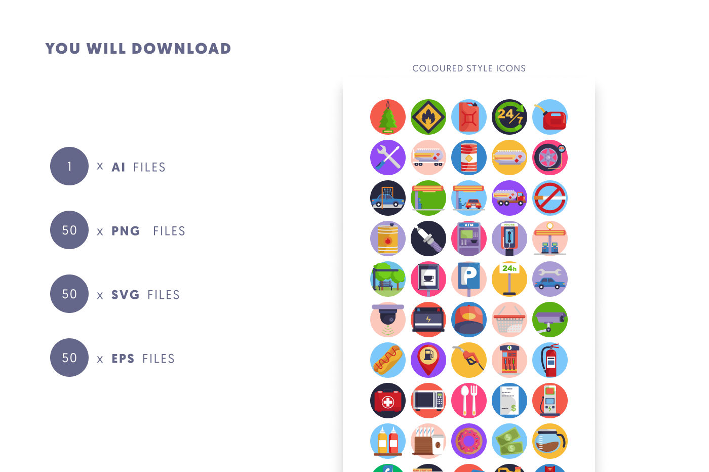 50 Gas Station Icons preview 9 – flat circle icons in PNG, SVG and EPS