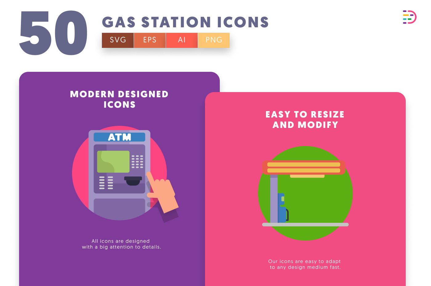 50 Gas Station Icons cover – flat circle icons in PNG, SVG and EPS