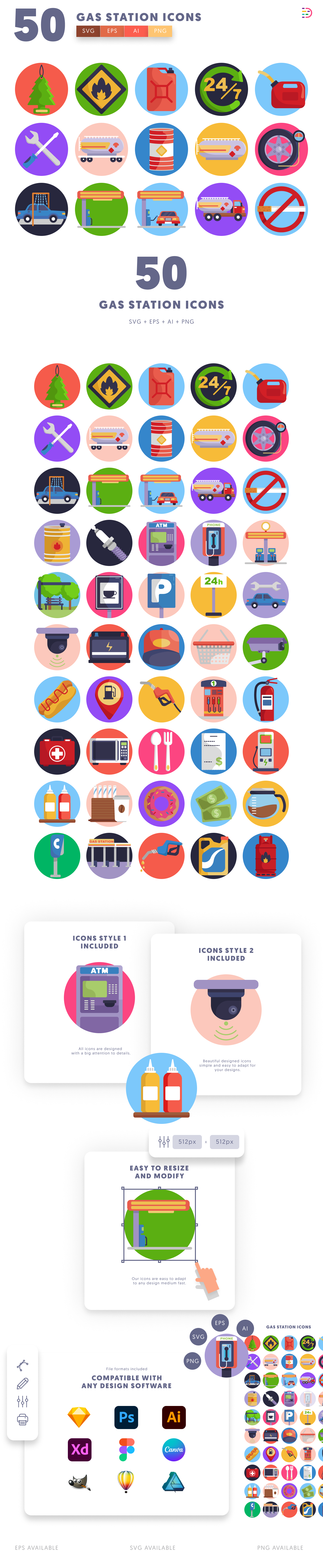 50 Gas Station Icons cover – flat circle icons in PNG, SVG and EPS
