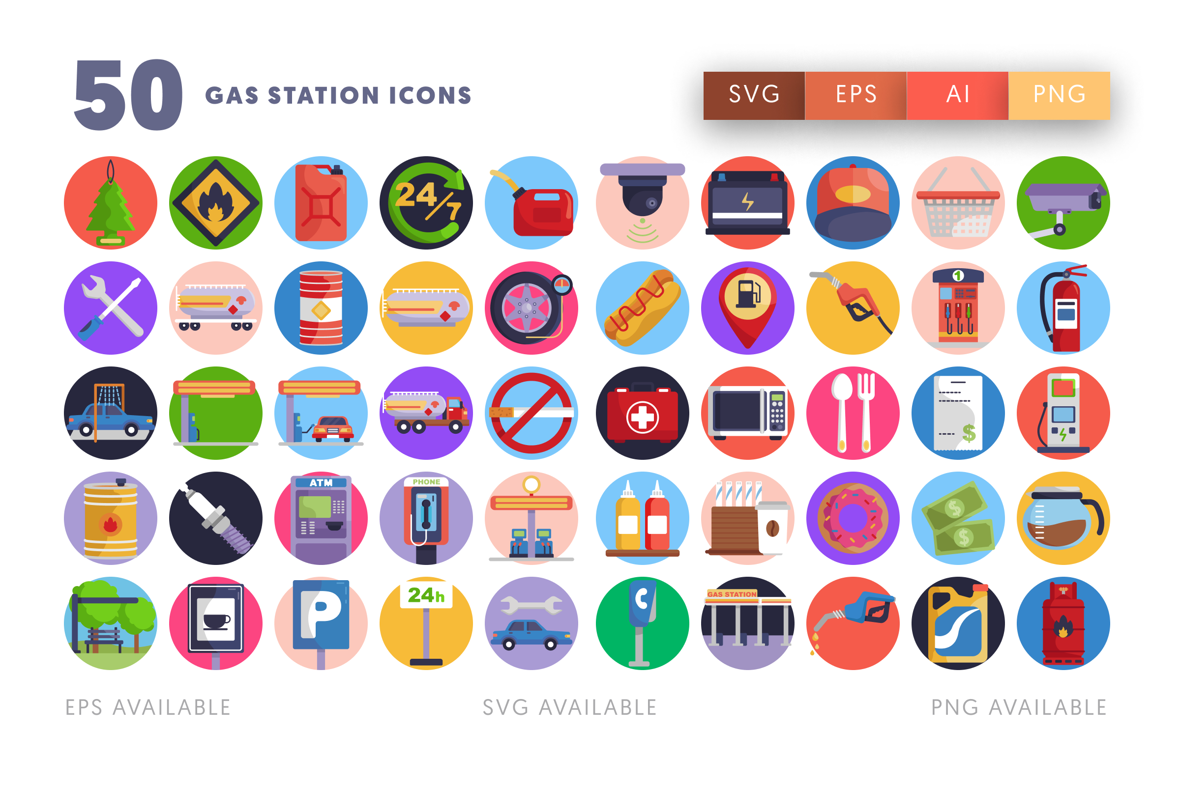 50 Gas Station Icons – flat circle icon set