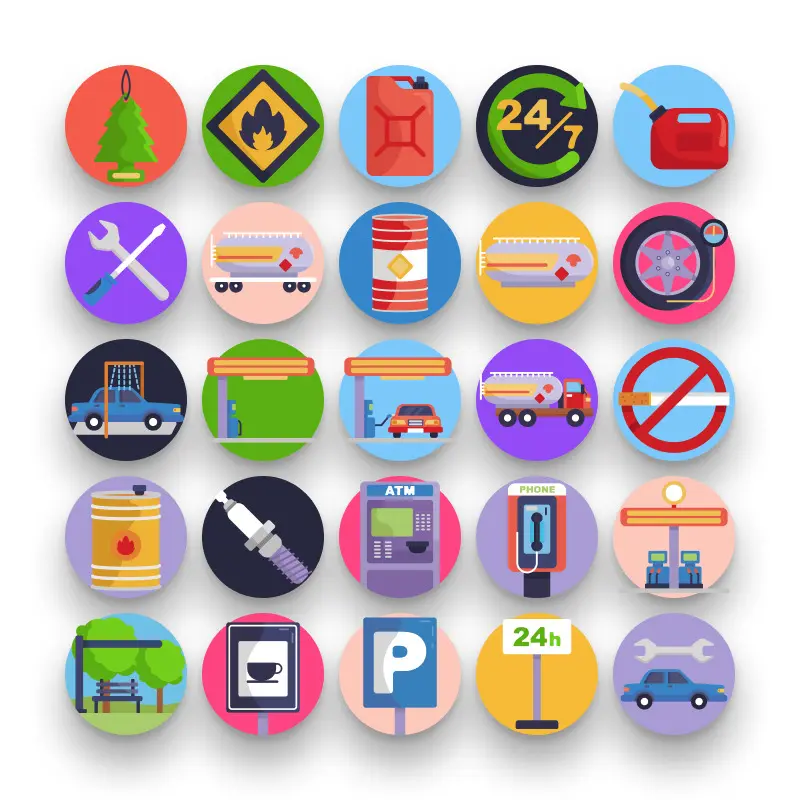 50 Gas Station Icons – set of colorful flat circle icons