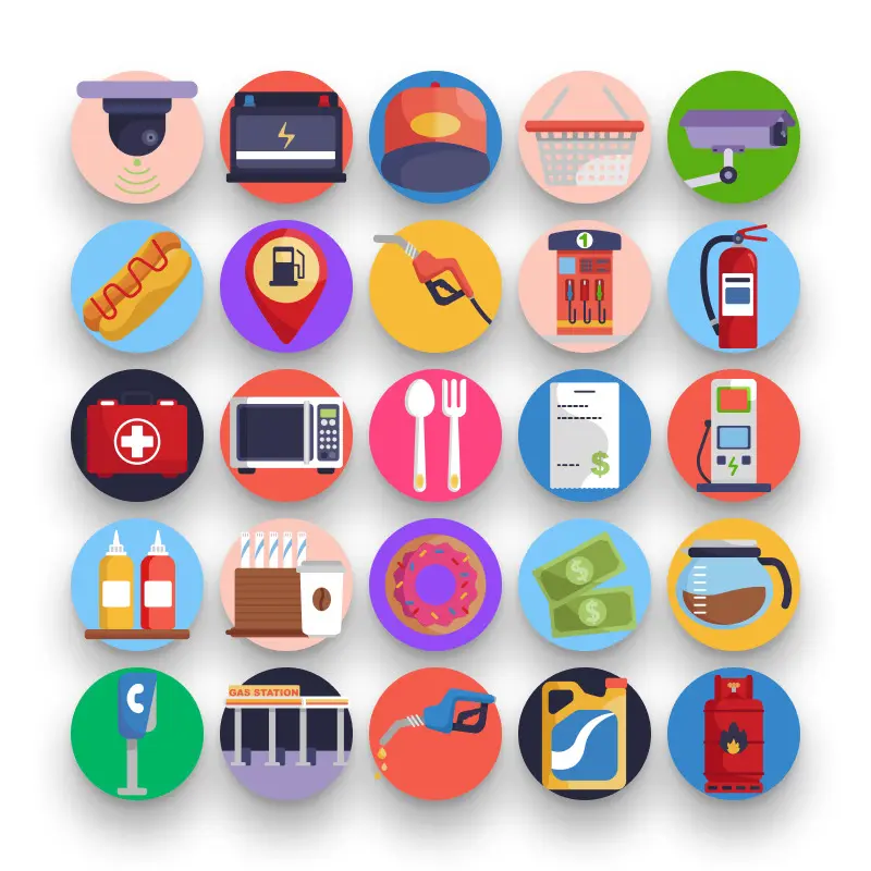 50 Gas Station Icons – set of colorful flat circle icons