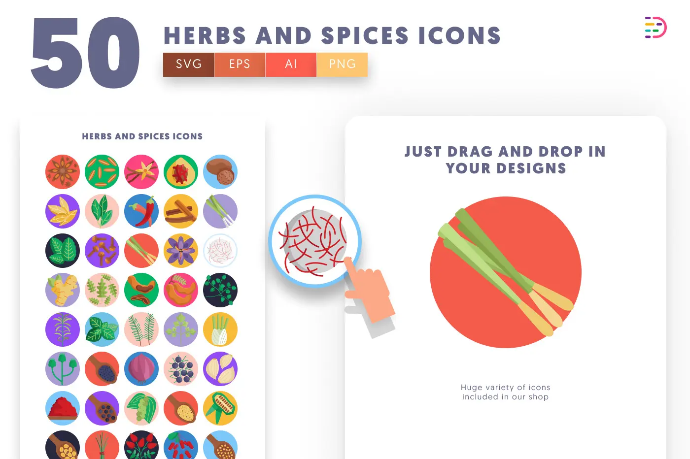 50 Herbs and Spices Icons preview 1 – flat circle icons in PNG, SVG and EPS