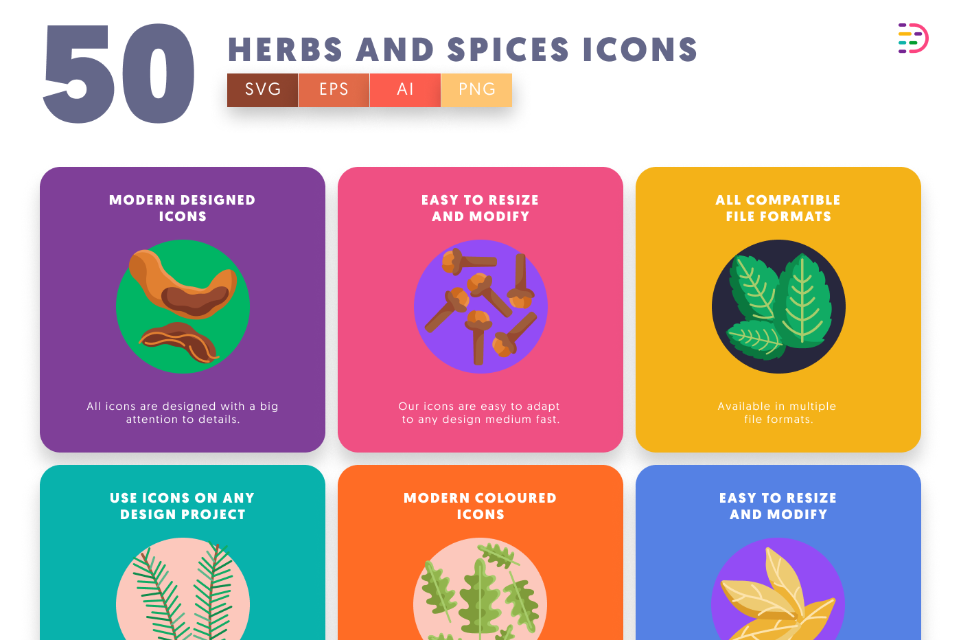 50 Herbs and Spices Icons preview 5 – flat circle icons in PNG, SVG and EPS