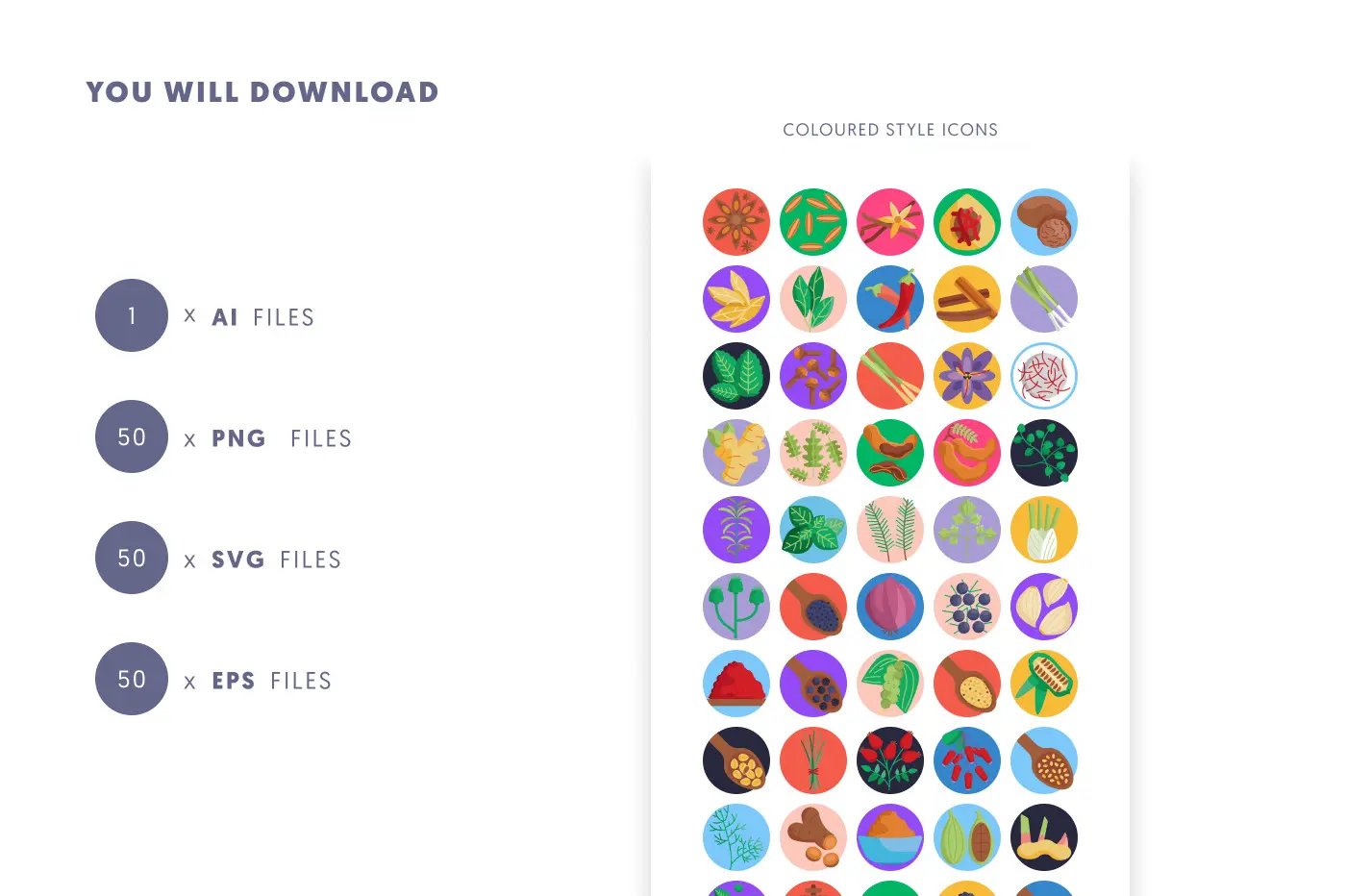 50 Herbs and Spices Icons preview 9 – flat circle icons in PNG, SVG and EPS