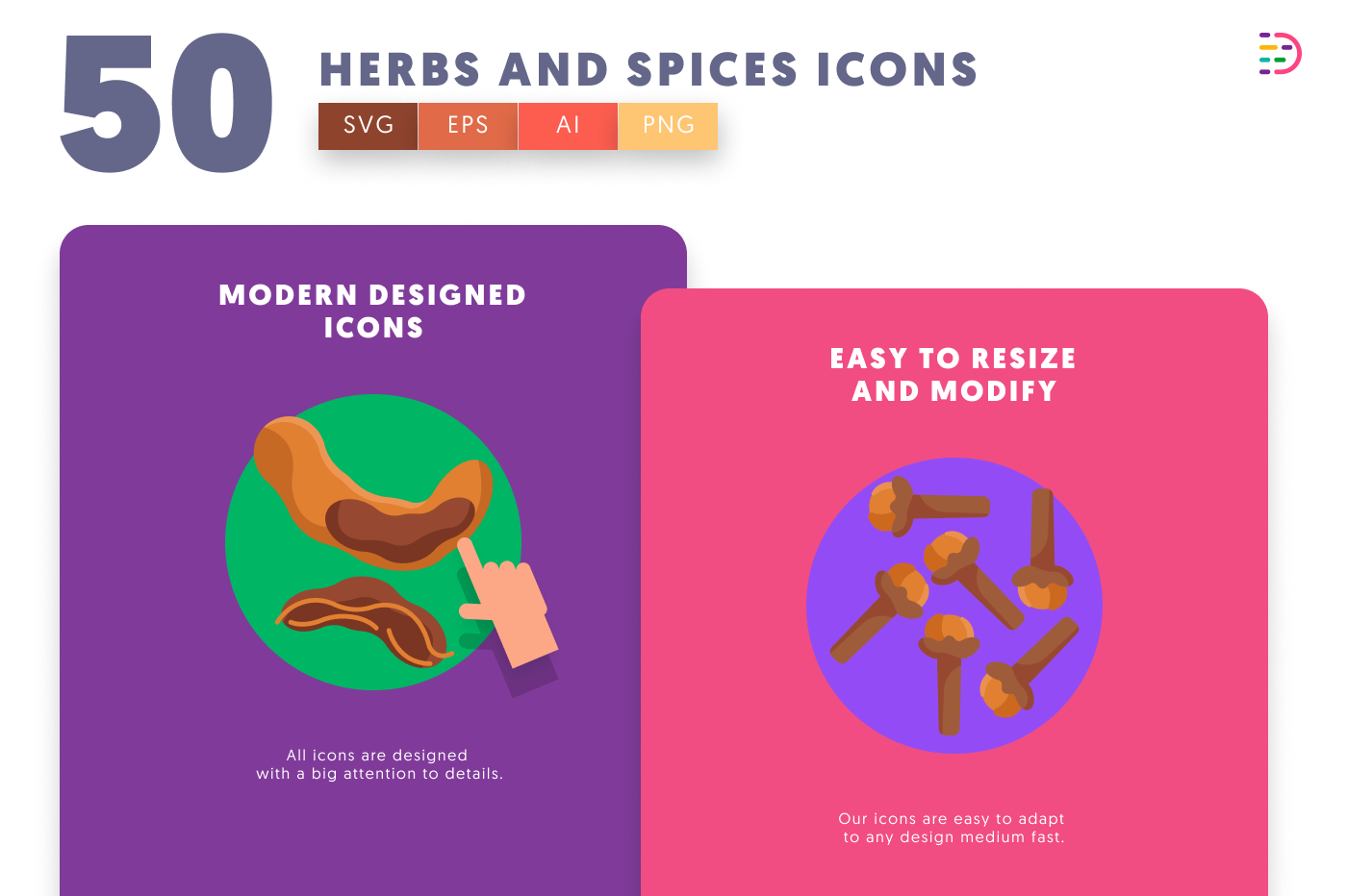 50 Herbs and Spices Icons cover – flat circle icons in PNG, SVG and EPS