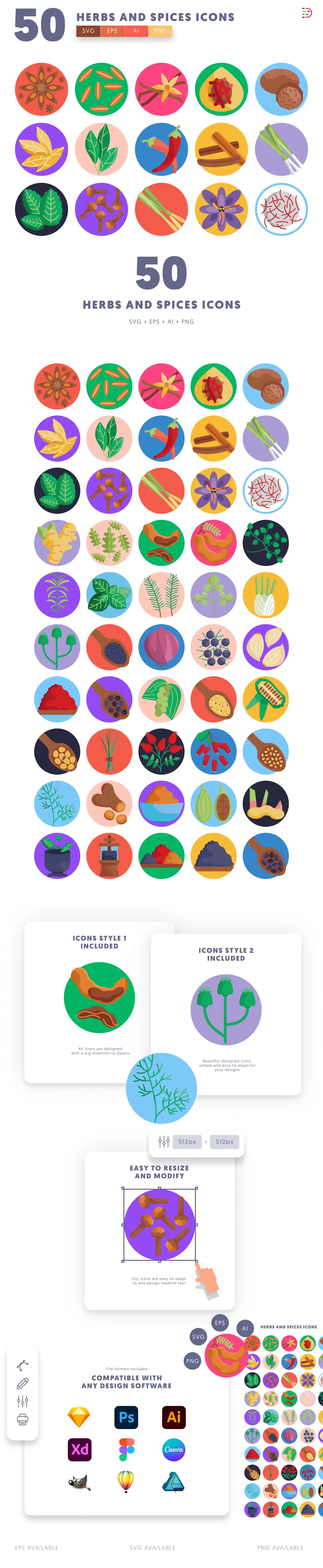 50 Herbs and Spices Icons cover – flat circle icons in PNG, SVG and EPS