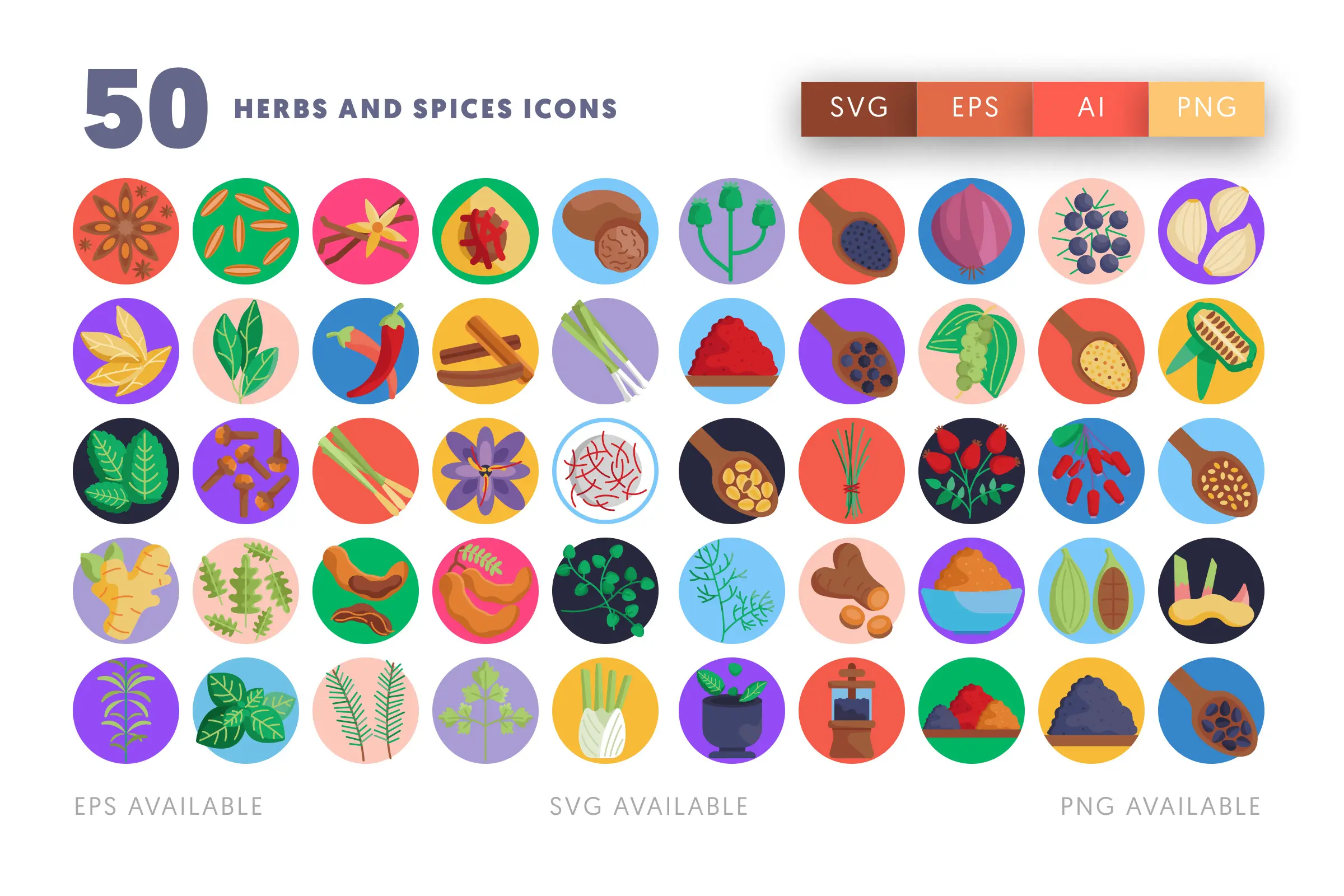 50 Herbs and Spices Icons – flat circle icon set